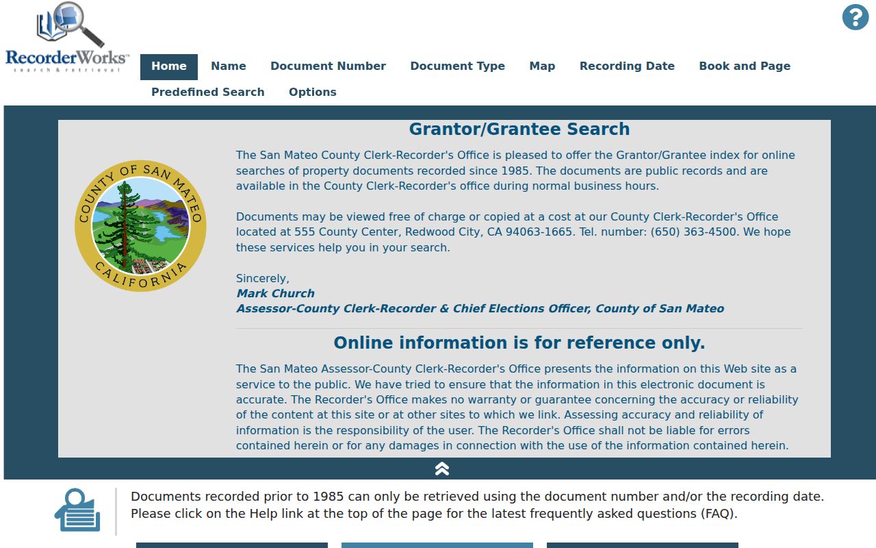 San Mateo people search fields in the RecorderWorks name index