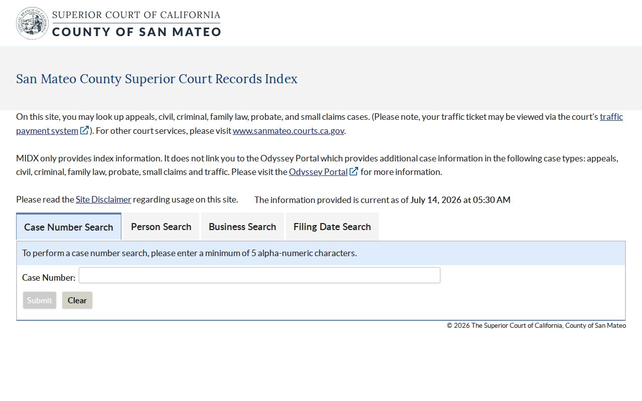 San Mateo people search by party name in the MIDX court index