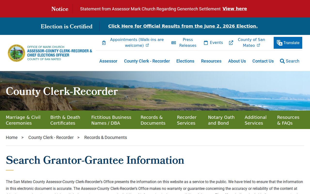 San Mateo public records page explaining the grantor and grantee index