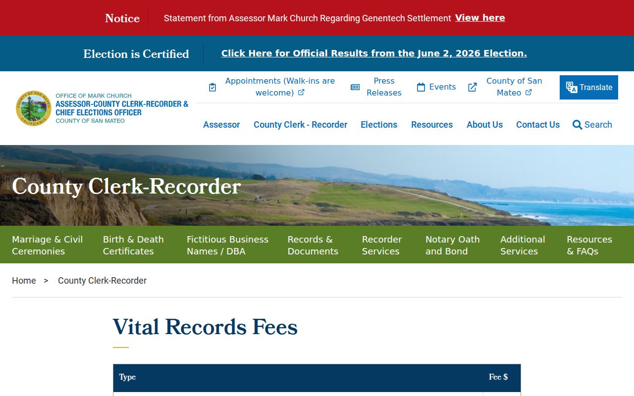 San Mateo public records fee schedule for vital certificates
