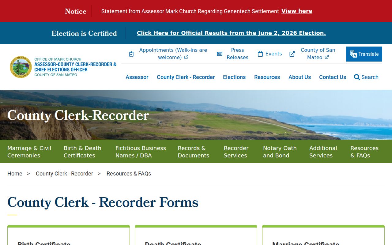 San Mateo public records forms for birth death and marriage copies