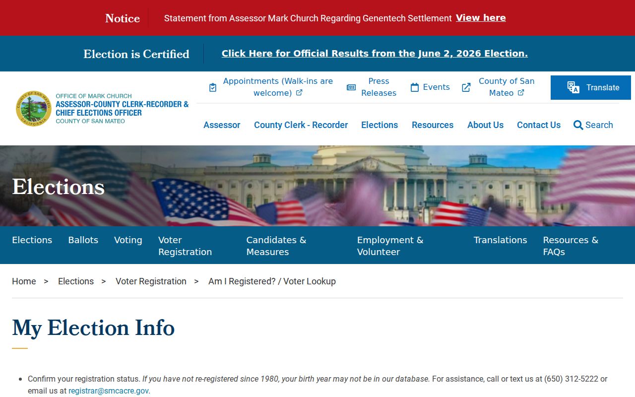 San Mateo voter registration My Election Info lookup