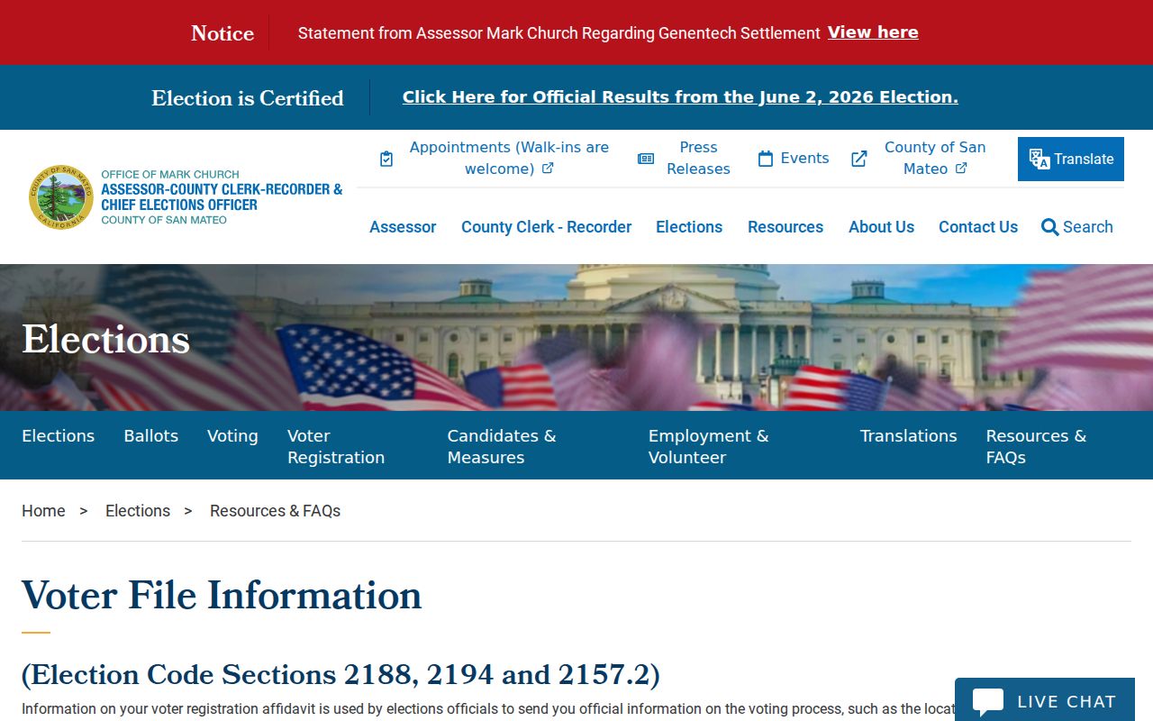San Mateo voter registration file request and legal-use information